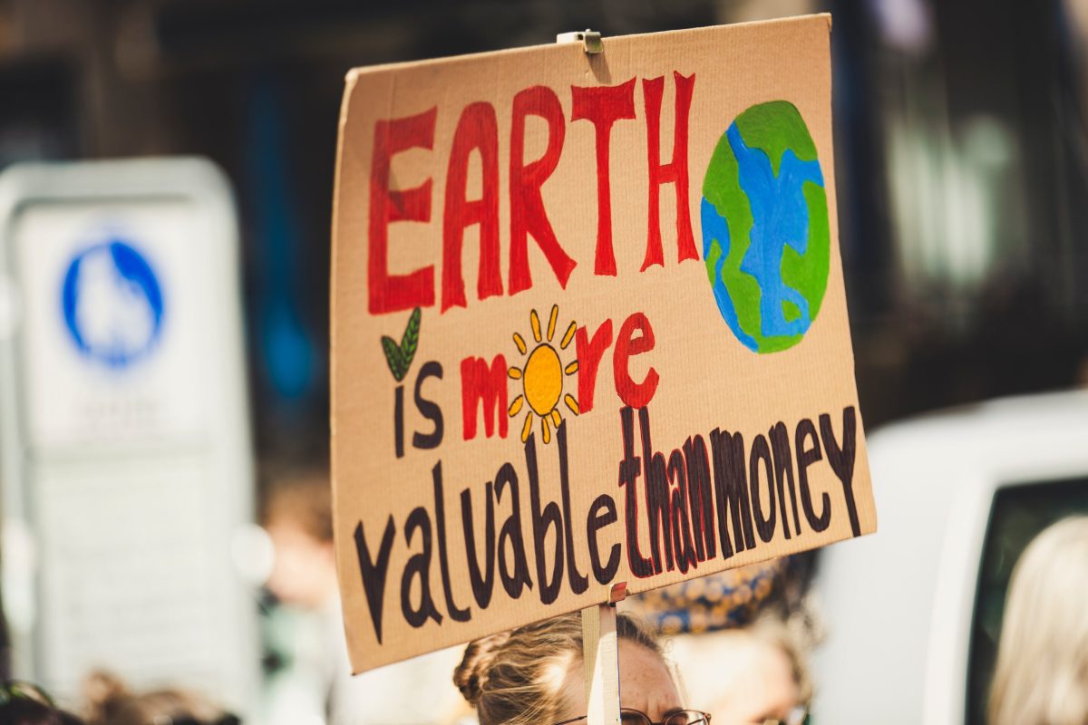 A banner that reads "Earth is more valuable than money"
